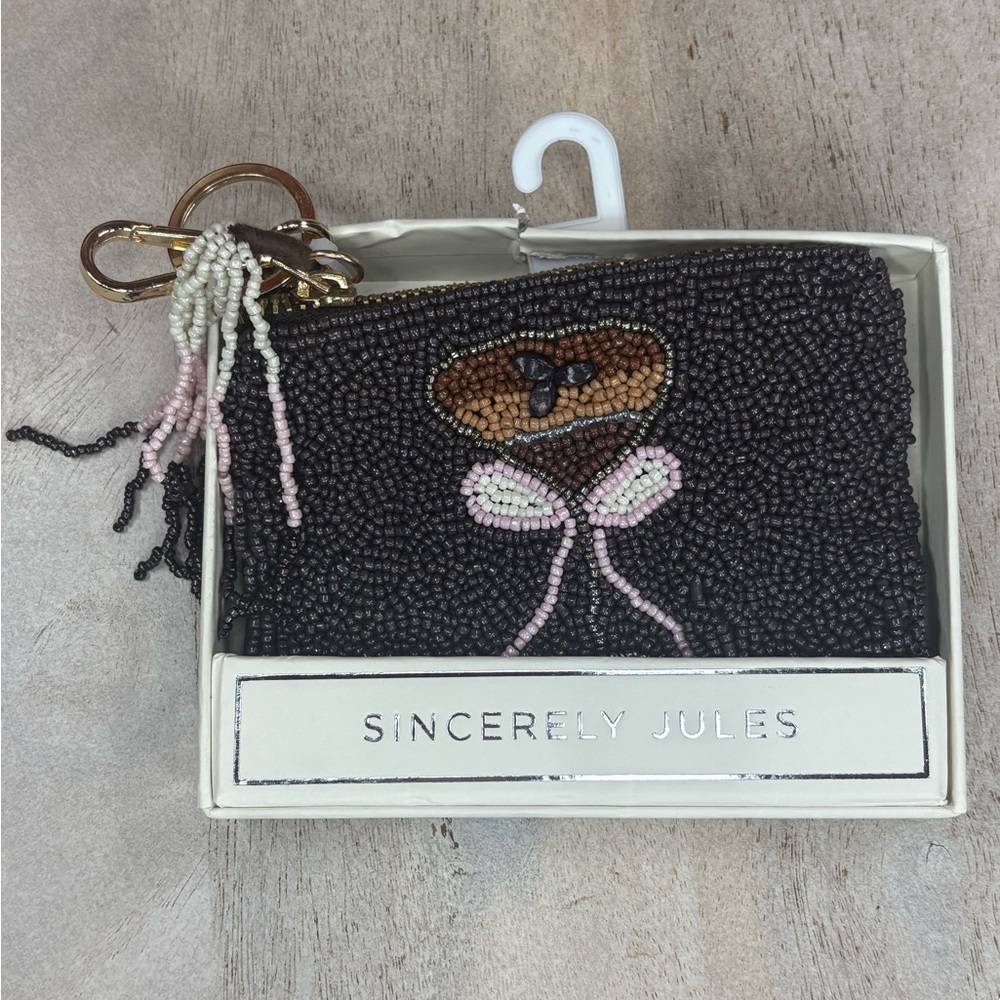 Sincerely Jules Black Beaded Clutch with Pink and Brown Accents